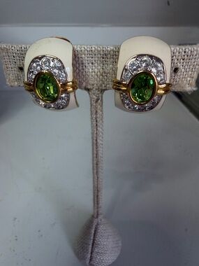 Vintage-Inspired White and Green Crystal Clip-On Earrings